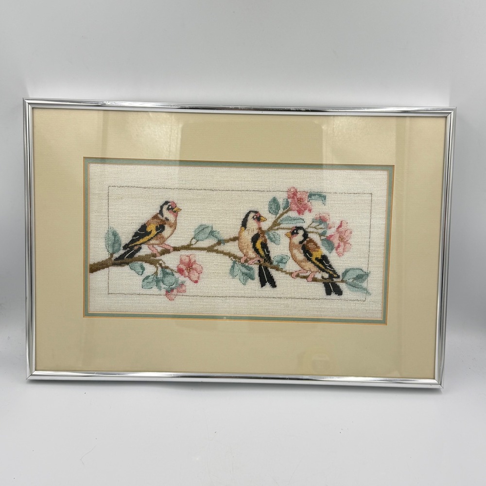 Vintage Goldfinch Bird Needlepoint Art Framed Cottagecore Wall Decor 1987